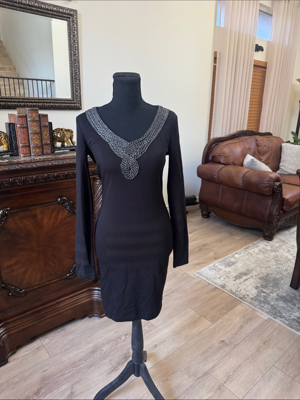 A/X Armani Exchange Black Beaded V-Neck Long-Sleeve Mini Dress
